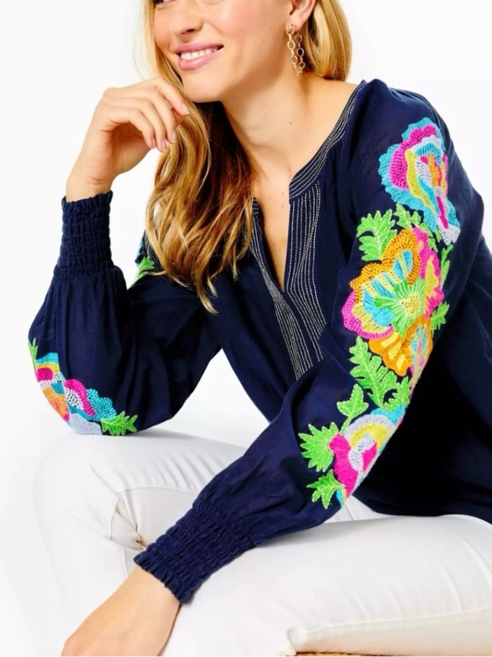 Lilly Pulitzer Sharise Long Sleeve Embroidered Top in Low Tide Navy L EUC